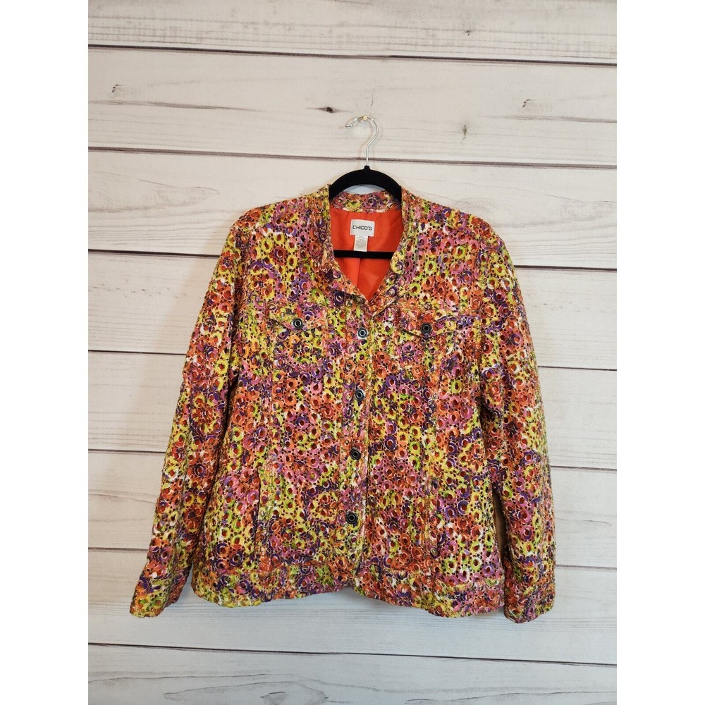 Chico's Size 3 / US XL Multicolor Jacket Embroidered Circle Button Front Cotton